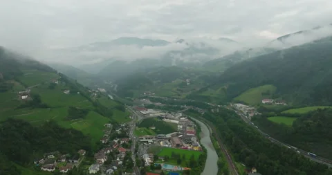 Aerial view of Chiusa on a cloudy day, Italy Stockbeeldmateriaal 251671152