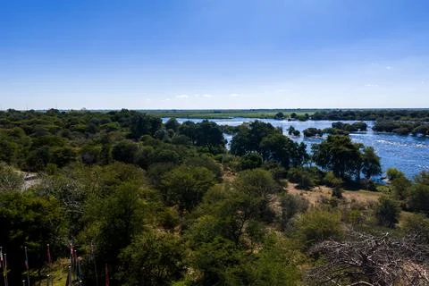 Aerial view of Chobe River and woodland in Chobe National Park Stock Photos