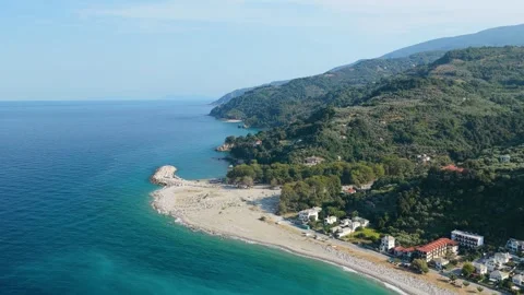 Aerial view of Chorefto Beach on the eastern coast of Pelion, Thessaly, Greece Stock Footage 346703379
