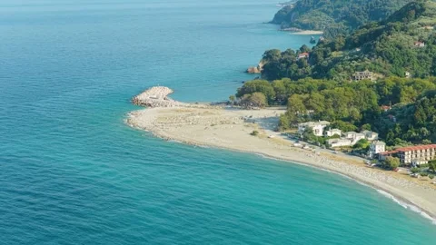 Aerial view of Chorefto Beach on the eastern coast of Pelion, Greece, showcasing Stock Footage 346704150