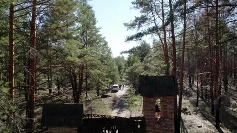 Aerial view of Chornobyl gate in the forest, Ukraine. Stock Footage 345080320