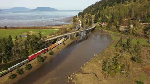 Aerial View of Chuckanut Drive and the Blanchard Bridge in the Skagit Valley wit Stock Footage 199845320