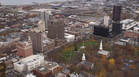 Aerial view of Church on the Green, New Haven, CT. Shot in 2011. Stock Footage 59169609