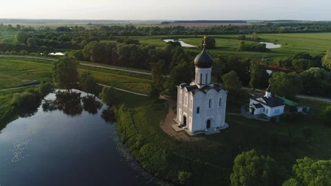 Aerial view of the Church of the Intercession on the Nerl near Vladimir, Russia. Stock Footage 109100310
