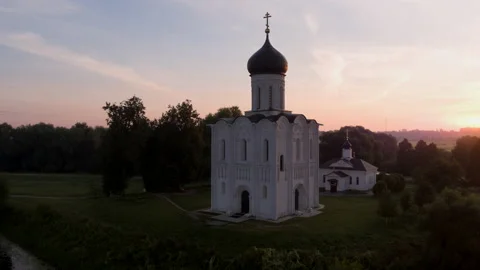 Aerial view of Church of the Intercession on the River Nerl Stock Footage 136843979