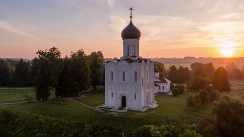Aerial view of Church of the Intercession on the River Nerl Stock Footage 137647586
