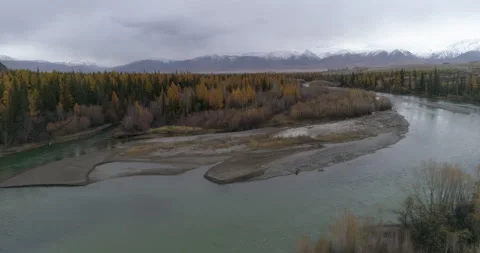 Aerial view of Chuya mountain river at autumn period, drone flight, Altai Stock Footage 143785780