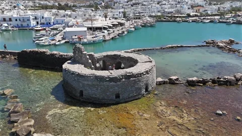 Aerial view circle pan right around ancient ruins of Venetian castle in the 動画素材 331057404