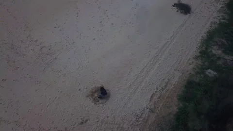 Aerial view circling with a very happy little girl playing in the sand of a w Stock Footage