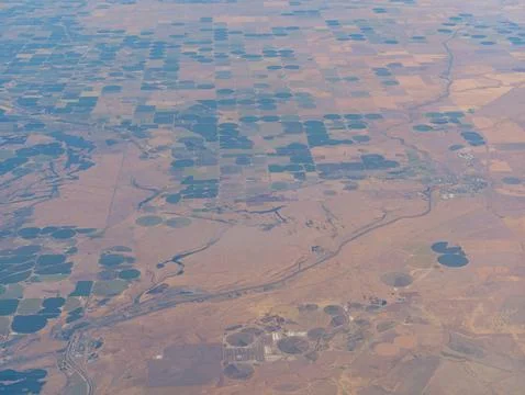 Aerial view of circular crop fields and river in Washington state Stock Photos