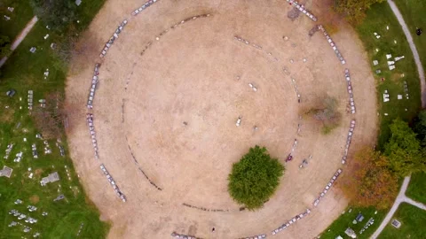 Aerial view of circular grave section in a cemetery landscape. Stock Footage 337450484