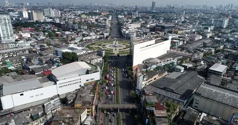Aerial view circular junction road in city building with vehicle Stock Footage 84408652