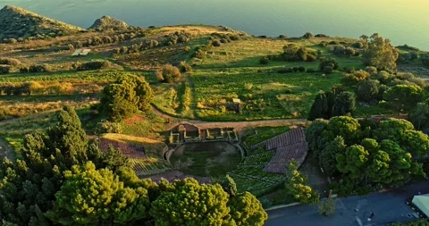Aerial view, circular motion, of the archaeological area of Tindari Stock-Footage 238524040