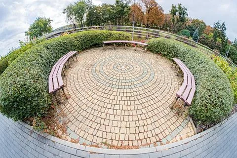 Aerial view of a circular seating area in Kiev, constructed from red bricks w Stock Photos