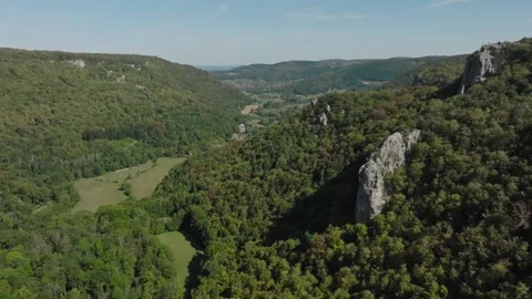 Aerial view of Cirque du Fer-a-Cheval natural amphitheater in Jura, France Stock Footage 341962336