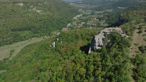 Aerial view of Cirque du Fer-a-Cheval natural amphitheater in Jura, France Stock Footage 341962364