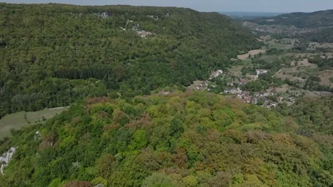 Aerial view of Cirque du Fer-a-Cheval natural amphitheater in Jura, France Stock Footage 341962388