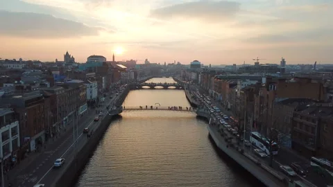 Aerial view of city center of Dublin with river Liffey during sunset Stock Footage