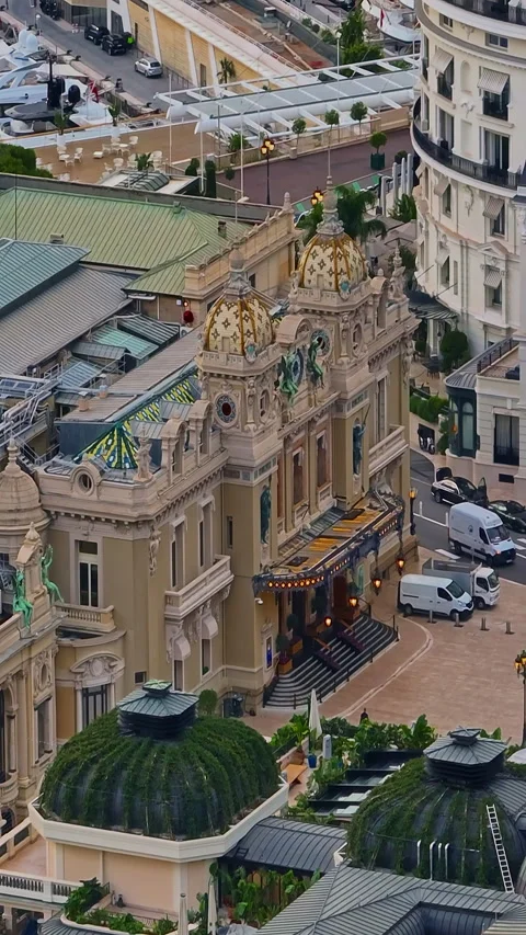 Aerial view of city centre of Monaco in France.The world famous casino of Monte Stock Footage 320879132