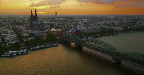 Aerial view of the city of Cologne, featuring Cologne Cathedral at a beautiful Stock Footage 345448419