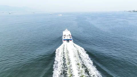 Aerial view of the city ferry going through the Aegean Sea, Izmir Bay Stock Footage 242984773