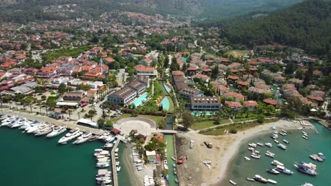 The aerial view of the city of Gocek during summer day with sea port and yachts. Stock Footage 201425121