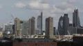 Aerial View City London Skyscrapers, Skyline Canary Wharf Gherkin 30 st Mary Axe HD Footage