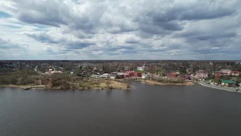 Aerial view of the city of Myshkin and ships on the Volga river Video stock 285050378