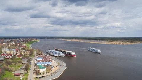 Aerial view of the city of Myshkin and ships on the Volga river Stock Photos
