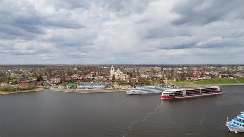 Aerial view of the city of Myshkin and the Volga river. Stock Photos