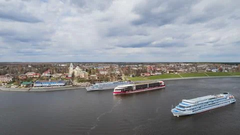 Aerial view of the city of Myshkin and ships on the Volga river Stock Photos