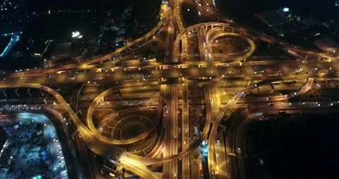 Aerial view city night transport junction road movement camera Stock Footage 134966341