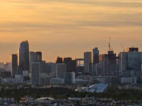 Aerial view to the city of Paris, during the golden hour. Stock Photos