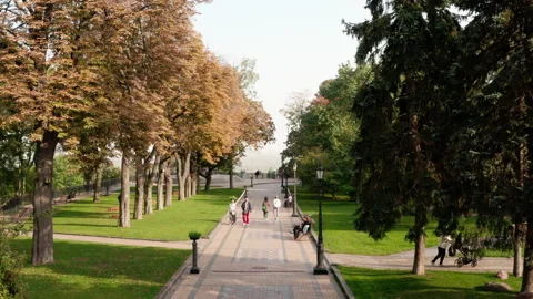 Aerial view. City park with trees and path. People are walking  Stock Footage 141014766