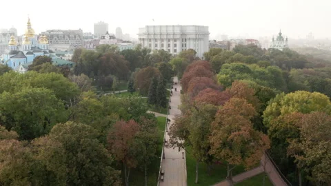 Aerial view. City park with trees and path. People are walking  Stock Footage 141014908