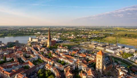 Aerial view of the city of rostock in the evening Stock Photos