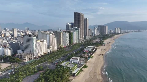 Aerial view of city skyline of da nang city along coast vietnam Video stock 312031817