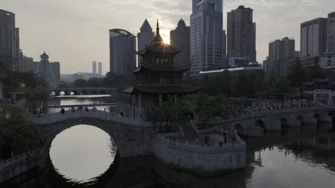 Aerial view of the city skyline of Jiaxiu Tower on Nanming River in Guiyang Video stock 307094853