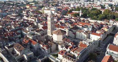 Aerial view of the city of Split, the cathedral and the Roman emperor's palace Stock Footage 334016704