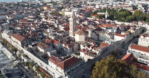 Aerial view of the city of Split, the cathedral and the Roman palace with Stock Footage 334016708