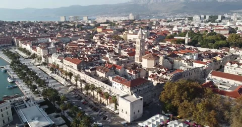 Aerial view of the city of Split, with its ancient buildings, its pier bathed Stock Footage 332200532