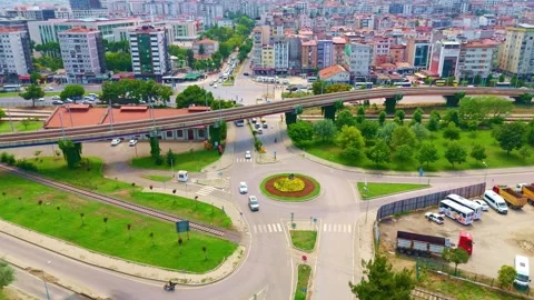 Aerial view a city with a train. Stock Footage 284680677