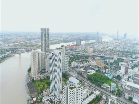 Aerial view of cityscape, Bangkok near Chao Phraya River. Stock Footage
