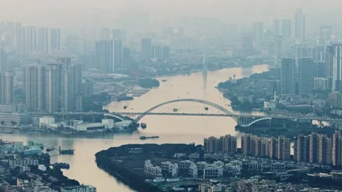 Aerial view of cityscape with bridge over town river. Urban background. Stock Footage 330518072
