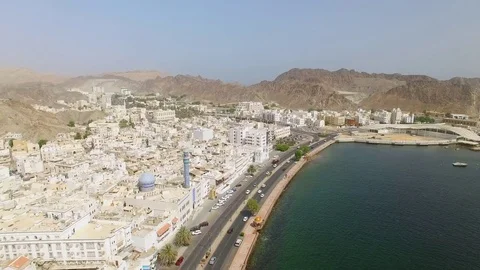 Aerial view of cityscape of Muscat, harbor and capital city of Oman, Stock Footage