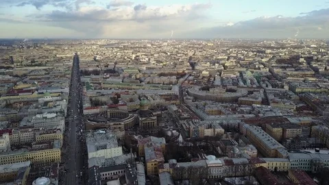 Aerial view: cityscape at spring sunset. Nevsky Avenue and city center, SPb Stock Footage 73951989