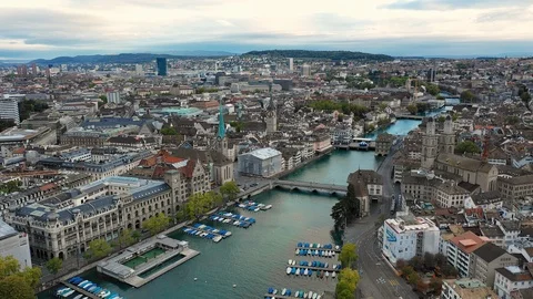 Aerial view of cityscape of Zurich, historic center of city, Switzerland, Europe Stock Footage