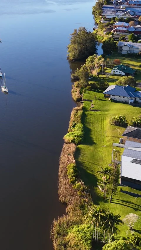 Aerial View of Clarence River Waterfront Houses in Maclean Australia Stock-Footage 341454780