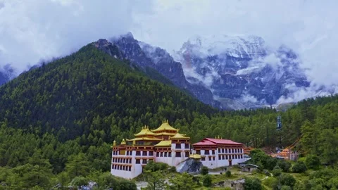 Aerial view of classical Tibetan temple on green mountain slope of Daocheng Video stock 336663910