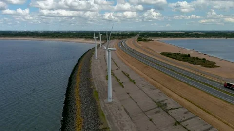 Aerial view of clean power generating wind turbines. 스톡 동영상 275262199